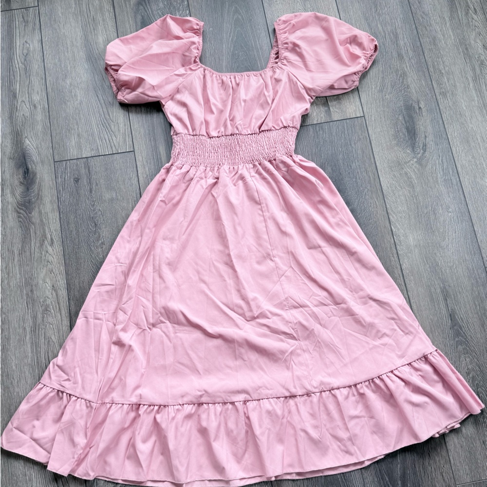 Girls Pink Puff-Sleeve Smocked Waist Dress